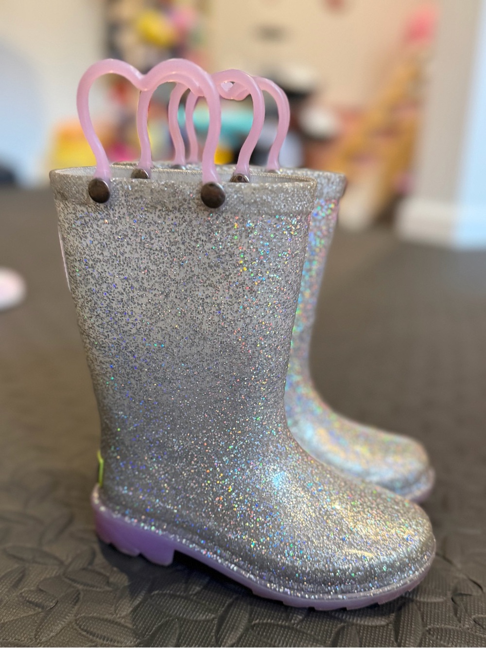 Glitter Silver Kids Rain Boots with Pink Handles